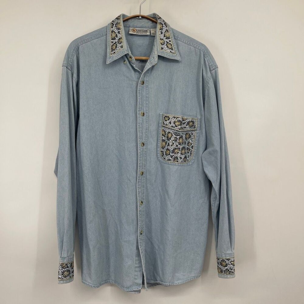 Vintage Christine Alexander Cheetah Print Denim Shirt Sz S Womens